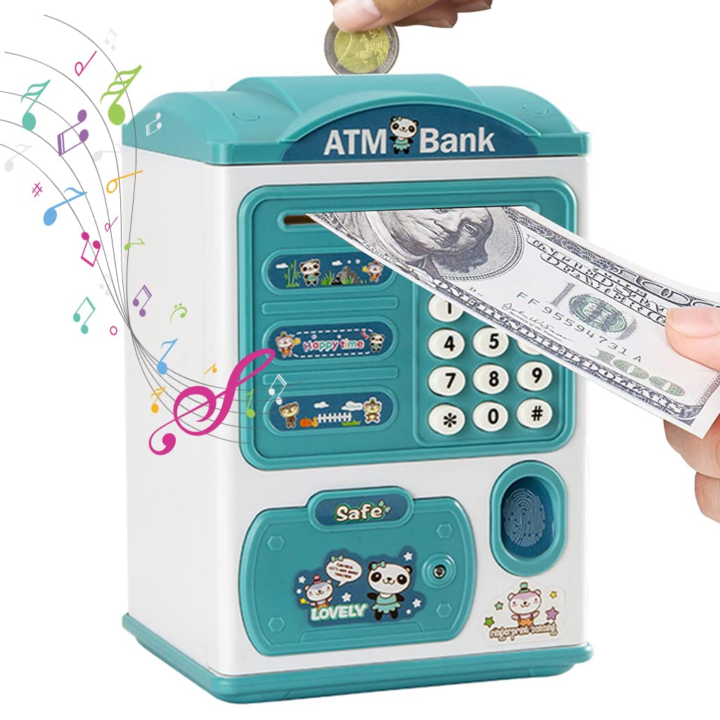 PATPAT Electronic ATM Piggy Bank for Kids, Money Bank with Password and Fingerprint Lock, Automatic Paper Money Saving Box with Music, Gift Toy for Kids Boys Girls Children's Day Gift, Blue PATPAT Electronic ATM Piggy Bank for Kids, Money Bank with Password and Fingerprint Lock, Automatic Paper Money Saving Box with Music, Gift Toy for Kids Boys Girls Children's Day Gift, Blue